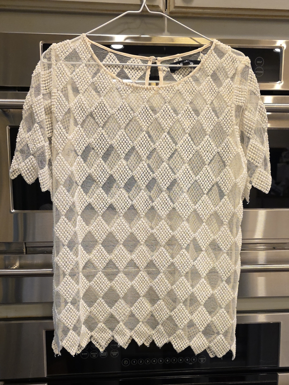 Women’s Cream Crochet Diamond Short-Sleeve Top